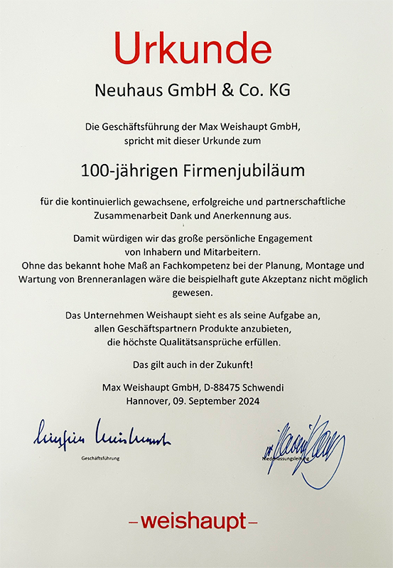 Zertifikat zu 100 Jahre Neuhaus