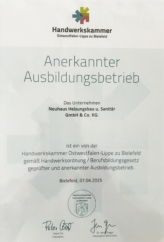 Zertifikat "Anerkannter Ausbildungsbetrieb"